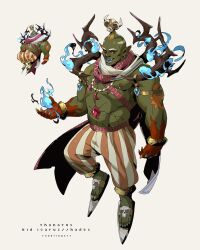 Rule 34 | 1boy, blue fire, blue lips, colored skin, cracked skin, earrings, fangs, fire, full body, gold earrings, green skin, hades (series), hades 1, highres, historical name connection, jewelry, kid icarus, kid icarus uprising, male focus, name connection, nintendo, pants, parody, pointy ears, red eyes, reference inset, scarf, skull ornament, solo, striped clothes, striped pants, style parody, thanatos (kid icarus), toodlingart, vertical-striped clothes, vertical-striped pants, white scarf