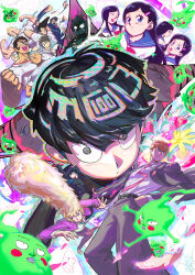 1girl 2girls 6+boys 6+girls black_eyes black_hair blonde_hair blue_eyes brown_hair closed_mouth dynamic_pose everyone formal_clothes gakuran glasses gouda_musashi hair_ornament hairclip hanazawa_teruki highres holding ianzhouart jacket kageyama_ritsu kageyama_shigeo kumagawa_hiroshi long_hair looking_at_viewer multiple_boys multiple_girls onigawara_tenga open_mouth orange_hair pants reigen_arataka sagawa_jun school_uniform serafuku shimura_ryohei shirt short_hair smile spirit suit suzuki_shou suzuki_touichirou takane_tsubomi yamamura_hideki