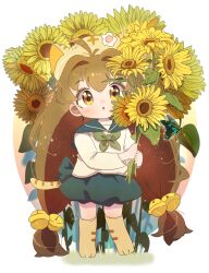 1girl absurdres animal_hat bell blush brown_eyes brown_hair bug butterfly cat_hat di_gi_charat flower hair_bell hair_ornament hareeangkki hat highres holding holding_flower insect long_hair parted_lips puchiko shorts solo sunflower very_long_hair white_background yellow_flower