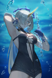 1girl absurdres alternate_breast_size arm_up armpits black_collar black_dress blonde_hair blue_eyes blue_hair blue_hands breasts center_opening chinese_commentary collar colored_inner_hair commentary_request cowboy_shot crown_of_thorns dress fleurdelys_(wuthering_waves) highres holding horns long_hair looking_at_viewer medium_breasts multicolored_hair navel one_eye_covered parted_lips pointy_ears presenting_armpit sa-baaa short_dress single_horn solo stomach tacet_mark_(wuthering_waves) wuthering_waves yellow_horns