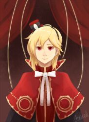 1boy black_hairband blonde_hair bow bowtie capelet chasewalk closed_mouth commentary curtains english_commentary ensemble_stars! expressionless hairband hat looking_at_viewer male_focus mini_hat mini_top_hat nito_nazuna puppet_strings ragnarok_online red_capelet red_eyes red_hat red_shirt shirt short_hair solo top_hat upper_body white_bow white_bowtie wizard_(ragnarok_online)