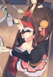 2girls absurdres bow braid breasts brown_hair downblouse from_above hair_bow hair_ornament hidden_eyes hidden_face higher_resolution_available highres kono_subarashii_sekai_ni_shukufuku_wo! large_areolae large_breasts megumin multiple_girls necktie nipple_slip nipples no_bra out_of_frame puffy_nipples ribbon shirabe_shiki sitting skirt thighhighs yunyun_(konosuba)