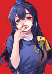 Rule 34 | 1girl, armor, black coat, blood, blood on face, blood on hands, blue dress, blue hair, blue hat, breasts, coat, commentary request, dress, evil smile, hair between eyes, hat, highres, iizunamaru megumu, long hair, looking at viewer, meimei (meimei89008309), pauldrons, red background, red eyes, shoulder armor, simple background, single pauldron, sleeveless, sleeveless coat, smile, solo, surcoat, tokin hat, touhou, upper body