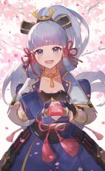 1girl :d absurdres armor armored_dress ayaka_(genshin_impact) blue_eyes blue_hair blunt_bangs box breastplate bridal_gauntlets cherry_blossoms dress falling_petals faulds genshin_impact gift gift_box giving hair_ornament hair_ribbon hakama hakama_skirt highres holding holding_gift incoming_gift japanese_clothes jewelry kamisato_clan_(emblem) long_hair looking_at_viewer mole mole_under_eye neck_ring odd_(hin_yari) open_mouth petals ponytail ribbon rope_belt skirt smile solo tassel tress_ribbon valentine vambraces very_long_hair