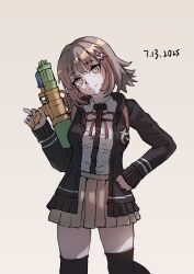 Rule 34 | 1girl, absurdres, breasts, brown hair, brown skirt, collared shirt, danganronpa (series), danganronpa 2: goodbye despair, flipped hair, hair ornament, highres, hood, jacket, long sleeves, looking at viewer, medium hair, nanami chiaki, neck ribbon, open clothes, open jacket, pink eyes, pink ribbon, pleated skirt, ribbon, shirt, skirt, smile, solo, spaceship hair ornament, thighhighs, two-tone shirt, user nrc9243, white shirt