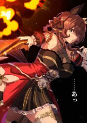 1girl animal_ears black_background braid braided_hair_rings breasts brown_eyes brown_hair detached_sleeves ear_covers ear_ornament explosion from_side gentildonna_(umamusume) gloves hair_over_one_eye hair_ribbon hair_rings highres horse_ears horse_girl horse_tail japan_racing_association large_breasts long_hair looking_to_the_side mare_ma ribbon see-through_cleavage see-through_clothes simple_background solo tail umamusume white_gloves
