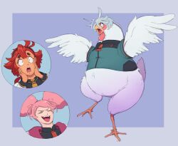 Rule 34 | 2girls, afro puffs, animal, animalization, bird, black hairband, blue background, blue eyes, border, chicken, chuatury panlunch, clothed animal, commentary request, grey border, gundam, gundam suisei no majo, gundam wing, hair between eyes, hairband, hands on own cheeks, hands on own face, implied transformation, miorine rembran, multiple girls, open mouth, pink hair, raised inner eyebrows, red hair, suletta mercury, surprised, v-shaped eyebrows, zoro fab