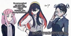 3girls alternate_costume amarys_(pokemon) black_hair black_necktie brown_eyes carmine_(pokemon) colored_inner_hair crossed_bangs dark-skinned_female dark_skin glasses grey_hair hair_between_eyes hair_ornament hairclip hand_on_own_hip jacket lacey_(pokemon) long_sleeves looking_at_viewer mole mole_under_eye multicolored_hair multiple_girls necktie nintendo open_clothes open_jacket pink_hair pokemon pokemon_sv red_hair round_eyewear shirt smile tere_asahi two-tone_hair unfinished upper_body white_background white_shirt yellow_eyes