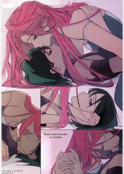 2girls alien_stage black_dress blank_speech_bubble blue_dress commentary dress english_text green_eyes green_hair hand_on_another&#039;s_back highres holding_hands interlocked_fingers itsuku_ento kiss long_hair mizi_(alien_stage) multiple_girls pink_hair purple_eyes speech_bubble strap_slip sua_(alien_stage) yuri