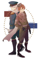 2boys absurdres ahoge america_(hetalia) arms_behind_back axis_powers_hetalia back-to-back baggy_pants bandaged_neck bandages belt between_fingers black_boots black_gloves blue_hat blue_jacket blue_pants boots breast_pocket brown-framed_eyewear brown_belt brown_boots brown_hat brown_jacket brown_pants bullet buttons closed_eyes closed_mouth epaulettes from_behind full_body glasses gloves grey_hair grey_shirt hair_between_eyes hat hat_ornament highres holding holding_bullet jacket lapels long_sleeves looking_at_viewer looking_back male_focus medal military_hat military_jacket military_uniform multiple_boys onobairan open_mouth orange_hair pants pink_belt pocket purple_eyes russia_(hetalia) scarf semi-rimless_eyewear shirt short_hair simple_background smile standing star_(symbol) star_hat_ornament star_ornament star_print tassel teeth white_background white_scarf