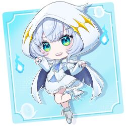 1girl :d absurdres ascot blue_ascot blue_background blue_eyes blue_fire blush boots briareos cape chibi chibi_only commentary_request dress fire frilled_dress frills full_body ghost highres hitodama hood hood_up hooded_cape kasukane_shino large_variant_set looking_at_viewer nanashi_inc. open_mouth shadow short_hair smile solo standing standing_on_one_leg variant_set virtual_youtuber white_background white_boots white_cape white_dress white_hair
