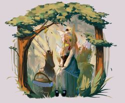 1girl alariess animal_ears arknights black_cat blonde_hair blue_skirt breasts cat day deer fox_ears fox_girl frilled_skirt frilled_socks frills full_body grass green_eyes hands_on_lap high-waist_skirt highres kitsune long_hair long_sleeves luo_xiaohei luo_xiaohei_(cat) luo_xiaohei_zhanji maid_headdress multiple_tails neck_ribbon open_mouth outdoors pantyhose picnic_basket red_ribbon ribbon shirt sitting skirt small_breasts smile socks suzuran_(arknights) tail tree white_pantyhose white_shirt white_socks