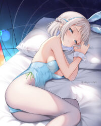 1girl akiei alternate_costume animal_ear_hairband animal_ears ass bed_sheet blue_eyes blue_leotard blue_ribbon blush braid breasts commentary_request fake_animal_ears feet_out_of_frame gakuen_idolmaster grey_hair hair_ribbon hairband half-closed_eyes half_up_braid high-waist_pantyhose highleg highleg_leotard highres idolmaster indoors katsuragi_lilja leotard light_smile looking_at_viewer lying medium_breasts on_side pantyhose pillow playboy_bunny rabbit_ear_hairband rabbit_ears ribbon ribbon_braid short_hair solo strapless strapless_leotard twitter_username white_pantyhose