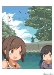 Rule 34 | 2girls, aji (ajinohirakisan), bird, black hair, blue one-piece swimsuit, blue sky, blush, border, brown eyes, brown hair, cloud, commentary request, day, headgear, i-400 (kancolle), i-401 (kancolle), kantai collection, long hair, multiple girls, one-piece swimsuit, open mouth, orange sailor collar, outdoors, partially submerged, pixel art, ponytail, sailor collar, sky, swimsuit, tree, utility pole, water, white border