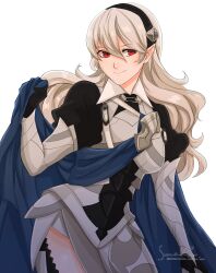 1girl absurdres artist_name black_gloves black_hairband blue_cape breasts cape commentary female_corrin_(fire_emblem) fire_emblem fire_emblem_fates gloves grey_armor hair_between_eyes hairband highres long_hair long_sleeves looking_at_viewer nintendo pointy_ears puffy_long_sleeves puffy_sleeves red_eyes sierra117renner simple_background smile solo standing thighs watermark white_background white_hair