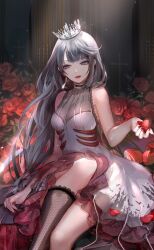 1girl animal_print artist_request bare_shoulders bat_print black_crown black_socks blue_eyes blunt_bangs breasts crown demon_wings dress earrings fake_wings feet_out_of_frame fishnet_dress fishnet_socks fishnets flower frilled_dress frills game_cg gleam grey_hair highres holding holding_petal indoors jewelry knee_up kneehighs lace-trimmed_socks large_breasts light_particles light_rays lilith_(shining_nikki) lipstick long_hair looking_to_the_side loose_hair_strand makeup medium_dress nail_polish nikki_(series) official_art parted_lips petals purple_wings red_flower red_lips red_nails red_rose rose rose_petals shining_nikki single_earring sitting sleeveless sleeveless_dress socks solo very_long_hair wavy_hair white_dress window wings