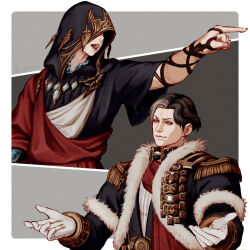 Rule 34 | 2boys, ace attorney, adam&#039;s apple, brown hair, closed mouth, coat, commentary request, crystal exarch, crystallization, curtained hair, earrings, emet-selch, epaulettes, final fantasy, final fantasy xiv, fur-trimmed coat, fur trim, g&#039;raha tia, garlean, gloves, gold sleeve cuffs, gold trim, grey background, highres, hood, hood over eyes, hood up, hooded robe, jewelry, long sleeves, male focus, material growth, medal, multiple boys, open mouth, outstretched arm, parody, pointing, robe, short hair, short sleeves, sleeve cuffs, smug, teeth, third eye, toga, toto (to1010), twitter username, upper body, upper teeth only, very short hair, white gloves, yellow eyes