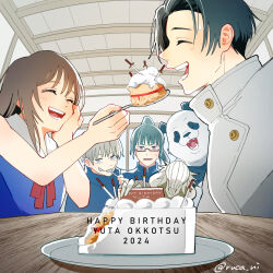 2boys 2girls animal birthday_cake black_eyes black_hair blue_dress blunt_bangs brown_hair cake cake_slice closed_eyes dress english_text facial_tattoo food fork glasses grey_hair happy_birthday high_ponytail highres holding holding_fork holding_spoon indoors inumaki_toge jacket jujutsu_kaisen jujutsu_tech_uniform long_hair multiple_boys multiple_girls okkotsu_yuuta open_mouth orimoto_rika panda panda_(jujutsu_kaisen) plate ponytail profile purple_eyes ruca_ni short_hair sleeveless sleeveless_dress smile spoon sweatdrop table tattoo zen&#039;in_maki