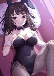1girl animal_ears bare_shoulders black_bow black_bowtie black_hair black_leotard blush bow bowtie breasts brown_eyes closed_mouth collar collarbone commission couch detached_collar fake_animal_ears feet_out_of_frame fishnet_pantyhose fishnets hand_up highres knee_up large_breasts leotard long_hair looking_at_viewer lying on_back on_couch original pantyhose pillow playboy_bunny rabbit_ears skeb_commission smile solo strapless strapless_leotard white_collar wing_collar wrist_cuffs yuusa