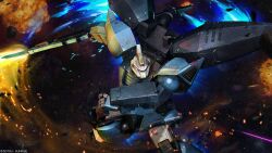 absurdres battle bayonet beam_rifle copyright_logo debris energy energy_beam energy_blade energy_gun explosion gelgoog_vertex gundam gundam_battle_operation_2 highres machinery mecha mecha_focus mobile_suit no_humans official_art realistic robot scan science_fiction shield space sunrise_(company) tenjin_hidetaka thrusters traditional_media weapon