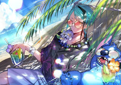 1boy beach black_hair black_shirt blue_flower blue_hair bracelet branch breast_pocket closed_mouth cloud collarbone collared_shirt cow crossover dappled_sunlight day drink dutch_angle earrings flower flower_necklace green_nails hammock hawaiian_shirt highres holding holding_drink horizon jade_leech jewelry lei light_rays lilo_&amp;_stitch long_sleeves looking_at_viewer lying male_focus mitsunari_miyako mountain multicolored_hair nail_polish necklace ocean on_back one_eye_closed open_collar orange_eyes outdoors parted_bangs pocket red-tinted_eyewear round_eyewear shade shirt short_hair shorts sidelocks smirk solo stitch_(lilo_&amp;_stitch) streaked_hair sunglasses sunlight tinted_eyewear twisted_wonderland white_shorts