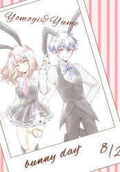 Rule 34 | 1boy, 1girl, animal ears, asanaka yomogi, black pants, black vest, blue hair, blue ribbon, brown hair, closed mouth, collared shirt, dated, frills, green eyes, gridman universe, hair ornament, hairclip, highres, locked arms, long sleeves, medium hair, minami yume, miniskirt, necktie, o-ring, o-ring thigh strap, open mouth, pants, pink necktie, polaroid photo, rabbit ears, red eyes, ribbon, scar, shirt, skirt, sleeveless, sleeveless shirt, smile, ssss.dynazenon, striped background, striped clothes, striped shirt, thigh strap, vertical-striped background, vest, wataametokerune, wrist cuffs