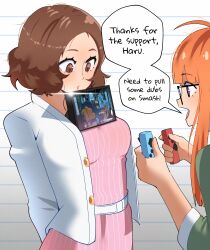 Rule 34 | 2girls, absurdres, breasts, brown hair, dress, gjh, highres, jacket, joy-con, looking at another, medium breasts, multiple girls, nintendo switch, okumura haru, orange hair, persona, persona 5, persona 5 scramble: the phantom strikers, pink dress, purple eyes, sakura futaba, short hair, white jacket