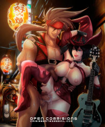 1boy 2girls artist_name breasts breasts_out chinese_lantern clitoris clothed_sex crisisbeat cum cum_in_pussy erect_clitoris guilty_gear guilty_gear_xrd guitar happy_sex hat hetero highres i-no instrument kuradoberi_jam large_breasts mole multiple_girls outdoors penis public_indecency pussy sex smile sol_badguy standing standing_sex text_focus uncensored vaginal witch_hat