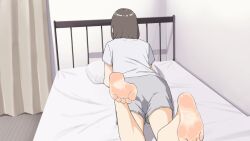 1girl animated animated_png barefoot brown_eyes brown_hair feet looking_at_viewer lying maburoku medium_hair on_bed on_stomach shirt shorts soles t-shirt toes