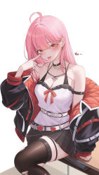 Rule 34 | 1girl, absurdres, ahoge, akanbe, arm belt, belt, belt collar, black belt, black choker, black collar, black jacket, black skirt, black thighhighs, blush, book, breasts, charon universe, choker, cleavage, collar, collarbone, desk, earrings, ellie (charon universe), eyelid pull, finger to eye, fingernails, highres, index finger raised, jacket, jewelry, korean commentary, long hair, long sleeves, looking at viewer, multicolored jacket, myomomoo, nail polish, open clothes, open jacket, pink eyes, pink hair, pink lips, pink nails, red belt, red jacket, shirt, simple background, skirt, smile, solo, thigh strap, thighhighs, thighs, tongue, tongue out, torn clothes, torn thighhighs, two-tone jacket, virtual youtuber, white background, white belt, white shirt