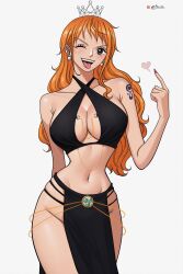 Rule 34 | 1girl, ai-assisted, arm tattoo, artist name, bare shoulders, belly dancer, breasts, cleavage cutout, clothing cutout, cowboy shot, earrings, female focus, groin, halterneck, heart, highres, index finger raised, jewelry, large breasts, long hair, looking at viewer, midriff, nail polish, nami (one piece), narrow waist, official alternate hair length, official alternate hairstyle, one eye closed, one piece, open mouth, patreon logo, patreon username, pelvic curtain, prixm, prixmal, queen, red nails, simple background, solo, sphere earrings, tattoo, tongue, tongue out, white background, wings