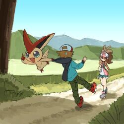 1boy 1girl arms_behind_back baseball_cap blue_eyes blue_jacket blue_sky brown_hair clothes_pull exposed_pocket fang gen_5_pokemon hat hilbert_(pokemon) hilda_(pokemon) jacket legendary_pokemon mythical_pokemon nintendo nyagiratwist open_mouth outdoors pokemon pokemon_(creature) pokemon_bw sky source_request sweatdrop victini