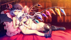 Rule 34 | 2girls, bandaged arm, bandages, bat wings, blonde hair, boots, camisole, chima q, crystal wings, fangs, flandre scarlet, flandre scarlet (vampire pursuing the hunter), frills, hat, highres, holding hands, looking at viewer, medium hair, mob cap, multiple girls, on bed, panties, red eyes, remilia scarlet, remilia scarlet (tiny devil mistress), side ponytail, smirk, socks, touhou, touhou lostword, underwear, white camisole, white hair, white panties, wings