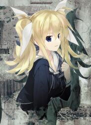 Rule 34 | 1girl, absurdres, arimura hinae, black hoodie, blonde hair, blue eyes, bow, breasts, chaos;child, collarbone, drama cd, hair between eyes, hair bow, hekiho academy, hekiho academy school uniform, highres, hood, hood down, hooded jacket, hoodie, jacket, long hair, looking at viewer, medium breasts, non-web source, official art, open mouth, parted lips, sailor collar, sasaki mutsumi, school uniform, smile, solo, sumo sticker (chaos;child), twintails, upper body, white bow, white sailor collar