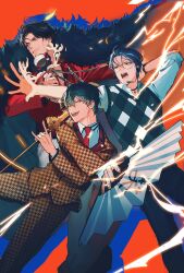 Rule 34 | 3boys, :o, \m/, amayado rei, aqua hair, argyle clothes, argyle sweater vest, battle, beard stubble, black hair, black trim, blue hair, blue pants, brown suit, chain, chain necklace, closed eyes, coat, coat on shoulders, collared shirt, contrast collar, crossed arms, curtained hair, dotsuitare hompo, drop shadow, eyewear strap, facial hair, feet out of frame, formal clothes, fur coat, furrowed brow, glasses, green eyes, grey eyes, hair between eyes, hair slicked back, hand fan, hand fan writing, hand on own head, headset, heterochromia, highres, holding, holding fan, holding microphone stand, houndstooth, hypnosis mic, hypnosis microphone, jacket, jewelry, jpeg artifacts, lapel pin, legs apart, lightning, long sleeves, loose hair strand, male focus, microphone stand, mpd13 0, multicolored hair, multiple boys, mustache stubble, necklace, necktie, nurude sasara, open hand, orange background, outstretched arm, pants, parted bangs, parted lips, partially unbuttoned, pendant choker, red eyes, red necktie, red shirt, round eyewear, scar, scar across eye, scar on face, shirt, shirt tucked in, short hair, sideburns, sleeves rolled up, smirk, streaked hair, stubble, suit, suit jacket, sweater vest, tsutsujimori rosho, unmoving pattern, v-shaped eyebrows, watch, wavy hair, white pants, white shirt, wristwatch