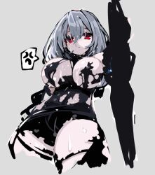 1girl anger_vein arknights breasts closed_mouth grey_background grey_hair hair_between_eyes large_breasts looking_at_viewer medium_hair red_eyes simple_background skadi_(arknights) solo speech_bubble spoken_anger_vein sukima_(crie) torn_clothes water