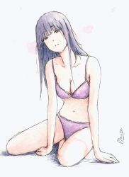 Rule 34 | 1girl, absurdres, bbmasa, blue background, blunt bangs, bra, breasts, cleavage, closed mouth, collarbone, commentary, full body, gradient background, hibike! euphonium, highres, liz to aoi tori, long hair, looking at viewer, medium breasts, navel, panties, petals, purple bra, purple hair, purple panties, red eyes, signature, sitting, solo, thighs, traditional media, underwear, underwear only, yoroizuka mizore