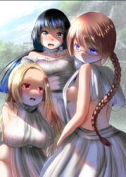 3girls :d bare_shoulders black_hair blonde_hair blue_eyes blush braid breasts brown_hair collar detached_sleeves dress forehead frilled_collar frills glasses kakeru_(bar_peachpit) large_breasts long_hair medium_breasts multiple_girls open_mouth original outdoors ponytail red_eyes sagging_breasts see-through_clothes see-through_dress sideboob skirt smile turtleneck white_dress
