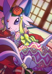 blush clothed_pokemon espeon espeon_(pokebuki) gen_2_pokemon hair_ornament highres indoors looking_at_viewer nanahoshi_(wadorigi) nintendo no_humans one_eye_closed pokemon pokemon_(creature) pokemon_unite solo