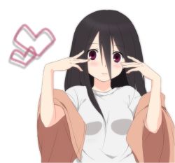 00s 1girl black_hair blanket ekra female_focus heart komori_kiri long_hair red_eyes sayonara_zetsubou_sensei shirt simple_background smile solo t-shirt white_background