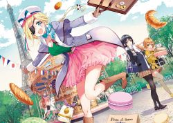 4girls :o adagaki_aki bag baguette bare_legs belt beret black_eyes black_hair blazer blonde_hair blue_eyes blue_sky blush boots bow bread breasts carousel cleavage cloud coat collarbone croissant day dutch_angle eiffel_tower eyepatch flag food france french_flag fujinomiya_neko fur-trimmed_sleeves fur_trim hair_ornament hat high_heels highres holding jacket japanese_flag jewelry koiwai_yoshino loafers long_hair looking_at_another looking_at_viewer low_twintails macaron masamune-kun_no_revenge multiple_girls muriel_besson necklace official_art open_mouth orange_hair outdoors pantyhose pastry pink_skirt plaid_clothes plaid_skirt pleated_skirt ribbon scarf school_bag school_uniform shoes skirt sky sneakers sushi teeth thighhighs tiv tree twintails zettai_ryouiki