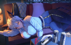 1girl absurdres arm_up black_horns black_pants black_tail bookshelf breasts button_gap can closed_eyes closed_mouth coklatarte collared_shirt commentary couch curled_horns demon_tail drink_can grey_hair hair_between_eyes high-waist_pants highres horns large_breasts long_hair lying multicolored_hair necktie on_couch on_side pants paper red_necktie shirt shirt_tucked_in sleeping solo streaked_hair tail tight_clothes tight_pants unworn_necktie wuthering_waves zani_(wuthering_waves)