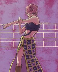 1girl artist_name atomikats bandeau black_bandeau boots commentary english_commentary feet_out_of_frame highres jojo_no_kimyou_na_bouken looking_at_viewer math pink_hair pompadour purple_background short_hair side_slit skirt solo stretching trish_una vento_aureo