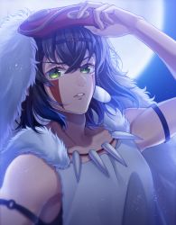 1boy androgynous arm_strap black_hair blurry blurry_background collarbone cosplay facial_mark floating_hair full_moon green_eyes hair_between_eyes hashibira_inosuke holding holding_mask kimetsu_no_yaiba ko_to_kimethu looking_at_viewer male_focus mask mononoke_hime moon parted_lips san san_(cosplay) san_(mononoke_hime) short_hair solo upper_body