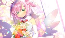 1girl bare_shoulders bouquet bow closed_mouth commentary_request commission dress flower green_eyes hair_between_eyes kou_hiyoyo looking_at_viewer pink_hair red_bow red_flower red_rose rose skeb_commission smile solo stained_glass tawil_(wixoss) two_side_up upper_body white_dress white_flower white_rose white_wings wings wixoss yellow_flower yellow_rose