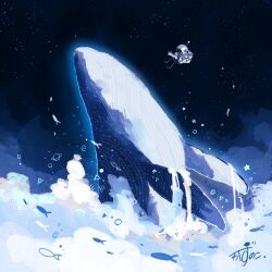 1other absurdres animal_focus artist_name astronaut backpack bag cloud commentary fish floating flying_fish gloves helmet highres jumping kazunoko_(kazunoko_zunoco) looking_at_animal original radio_antenna signature size_difference space space_helmet spacesuit star_(sky) star_(symbol) whale white_gloves