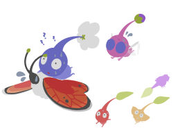 Rule 34 | ?, ??, afterimage, black eyes, blue pikmin, blue skin, bud, bug, butterfly, chasing, colored skin, creature, creature focus, flying, flying sweatdrops, highres, insect, insect wings, leaf, looking ahead, looking at another, looking up, lying, motion lines, nervous sweating, nintendo, no humans, no lineart, no mouth, on stomach, outstretched arms, pikmin (creature), pikmin (series), pink skin, pointy ears, pointy nose, purple hair, purple pikmin, purple skin, red pikmin, red skin, red spectralid, riding, riding animal, scared, short hair, simple background, sweat, triangle mouth, tripping, very short hair, white background, wide-eyed, winged pikmin, wings, yellow pikmin, yellow skin, yu pikmin