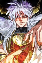 Rule 34 | 1boy, armor, black background, black shirt, commentary request, dasaku1028, dragon quest, dragon quest dai no daibouken, fingernails, floating hair, grin, highres, horns, long hair, looking down, male focus, pointy ears, red eyes, sharp fingernails, shirt, smile, solo, triclops, upper body, vearn, white hair, yellow horns