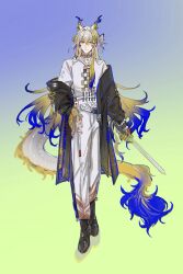 1girl aaa_shenmi_zuo_fan_ren absurdres adapted_costume ankle_boots arknights beads belt black_boots black_coat blonde_hair blue_background blue_eyes blue_hair boots chinese_commentary chromatic_aberration closed_mouth coat colored_extremities commentary_request dragon_girl dragon_horns dragon_tail earrings full_body gradient_background green_background grey_hair hair_between_eyes hand_on_own_hip highres holding holding_sword holding_weapon horns jewelry light_smile long_hair long_sleeves multicolored_hair necklace off_shoulder pants pointy_ears shirt shu_(arknights) solo standing sword tail very_long_hair weapon white_belt white_pants white_shirt