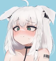 1girl @_@ absurdres ahoge animal_ear_fluff animal_ears barcode barcode_tattoo black_collar blue_background blue_eyes blush braid closed_mouth collar collarbone commentary ears_down english_commentary fox_ears highres hololive lucien_000298 medium_hair nude portrait shirakami_fubuki shoulder_tattoo side_braid simple_background single_braid smile solo tattoo upper_body virtual_youtuber white_hair